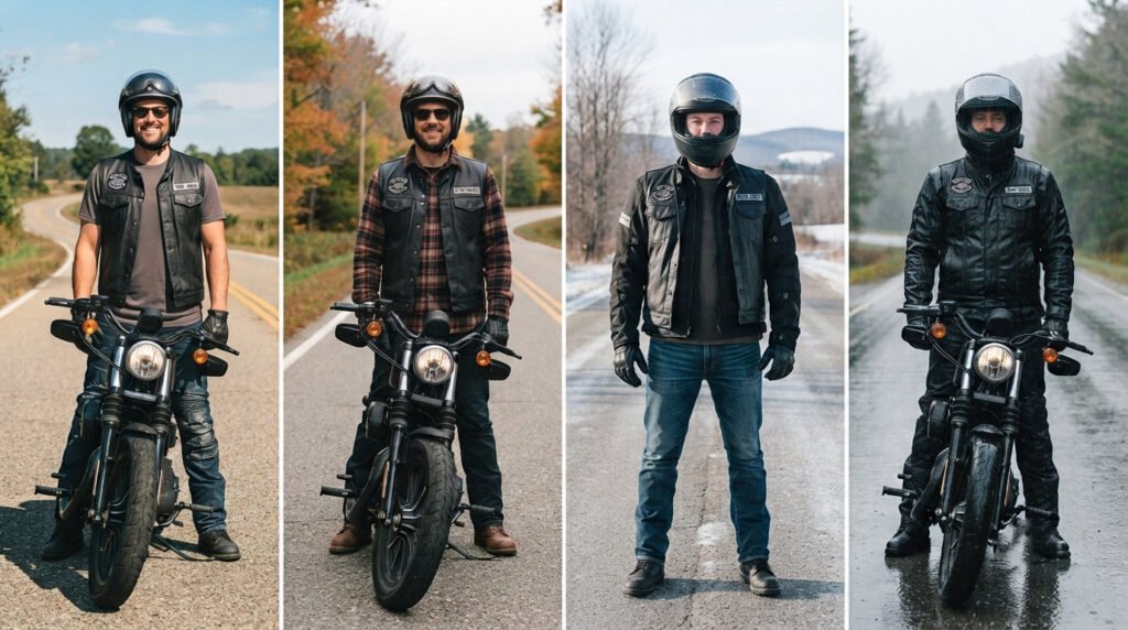 Four small vertical panels side by side (or a single wide composite) showing the same rider/vest across seasons: summer over a t-shirt, fall over a flannel, winter with the vest visible under an open riding jacket, and a wet-weather shot. Consistent lighting across all four.