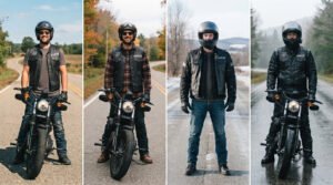 Four small vertical panels side by side (or a single wide composite) showing the same rider/vest across seasons: summer over a t-shirt, fall over a flannel, winter with the vest visible under an open riding jacket, and a wet-weather shot. Consistent lighting across all four.