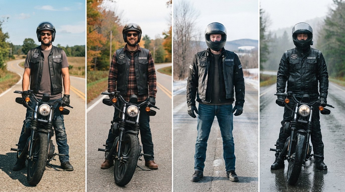 Four small vertical panels side by side (or a single wide composite) showing the same rider/vest across seasons: summer over a t-shirt, fall over a flannel, winter with the vest visible under an open riding jacket, and a wet-weather shot. Consistent lighting across all four.