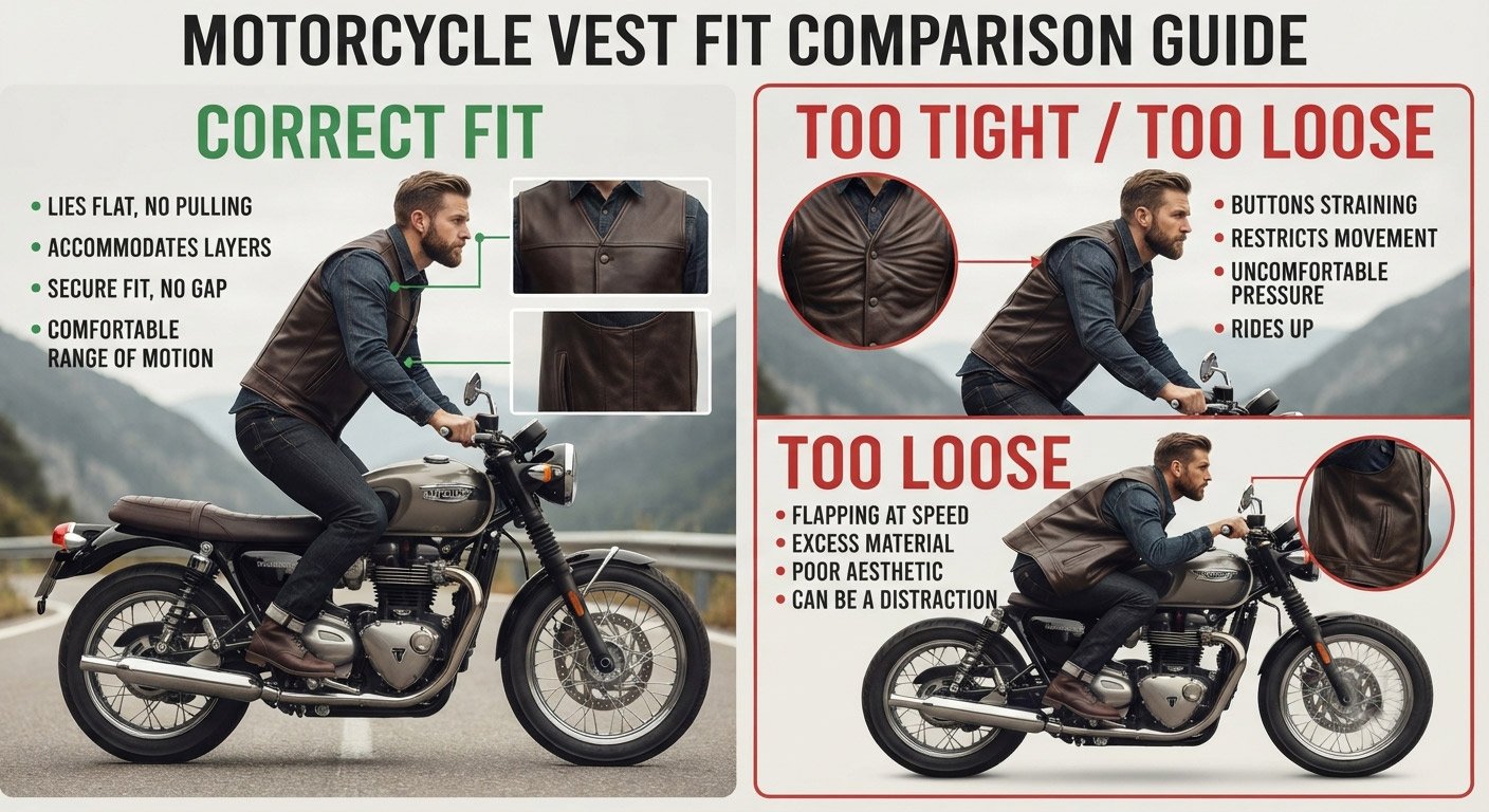 Two side-by-side panels: LEFT 'Correct Fit' showing a rider in riding position wearing a vest that lies flat, no pulling. RIGHT 'Too Tight / Too Loose' showing an ill-fitting vest straining or flapping. Clear infographic style.