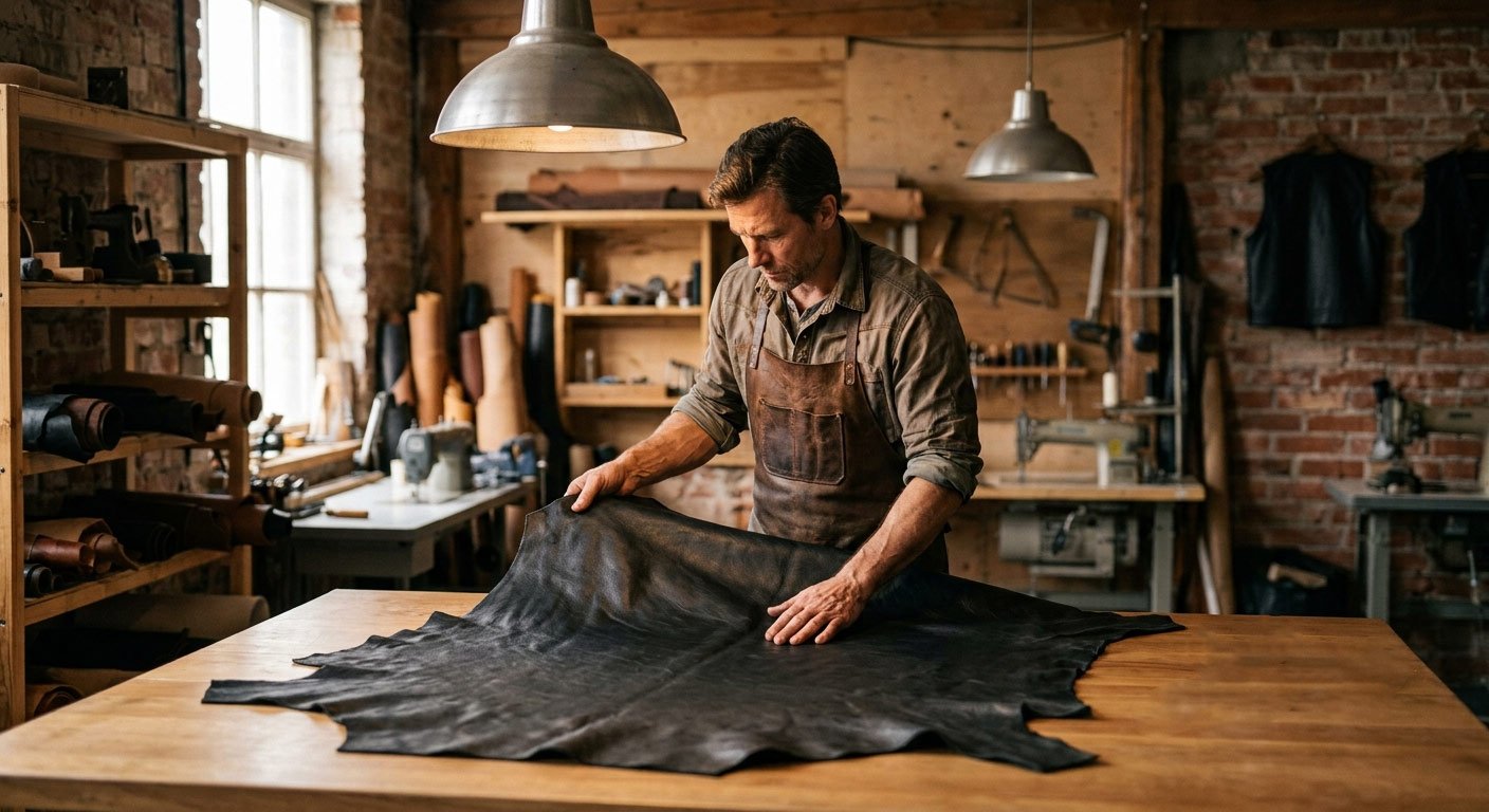 Craftsman selecting and inspecting a large hide section on a cutting table, checking grain consistency before cutting a back panel — ties to the hide-selection process described in the article. Warm workshop lighting.
