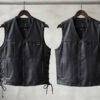 Two leather vests side by side on mannequins or hangers — one with visible side lacing at the ribcage, one with a clean solid side seam. Even studio lighting, neutral background, clear silhouette comparison.