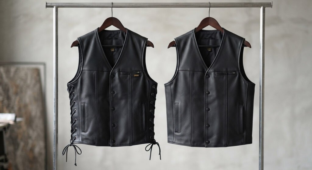 Two leather vests side by side on mannequins or hangers — one with visible side lacing at the ribcage, one with a clean solid side seam. Even studio lighting, neutral background, clear silhouette comparison.