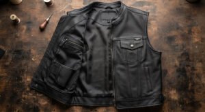 An open leather vest laid flat on a workbench showing multiple pocket types at once — exterior snap chest pocket, interior zippered pocket, and an interior holster-style pocket with reinforced backing. Overhead studio shot, neutral dark background, clear detail on stitching.