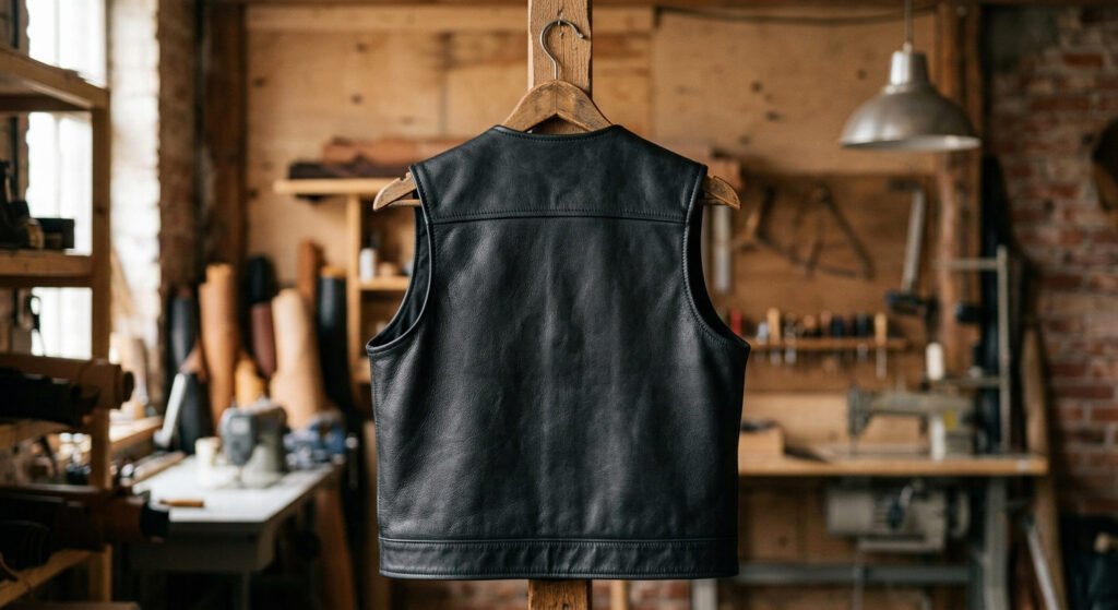 Back view of a plain, unpatched leather MC vest hanging on a wooden hanger, showing the full uninterrupted back panel with visible grain and no center seam. Studio or workshop lighting, back-facing angle.