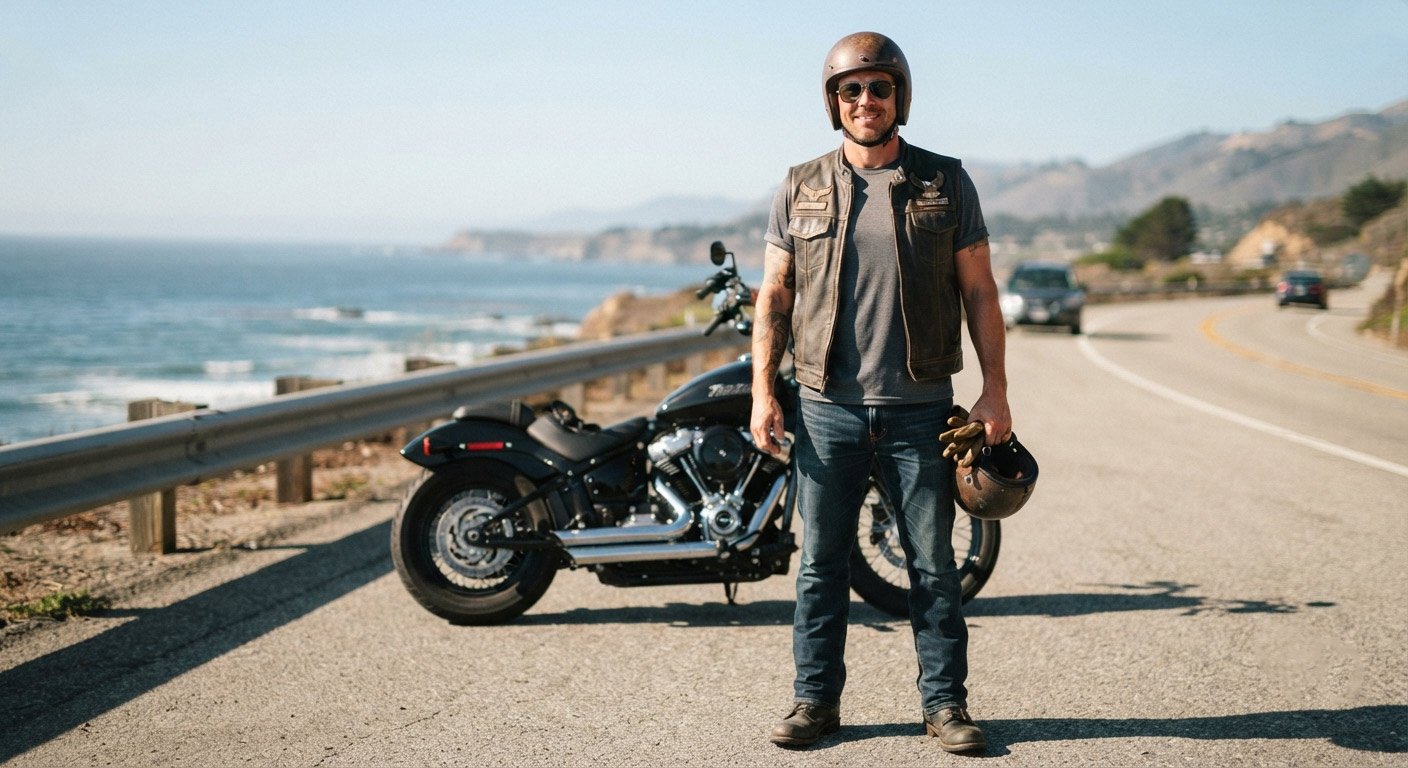 Rider wearing a leather vest alone over a lightweight long-sleeve shirt, arms exposed, riding in warm-weather conditions on an open road.