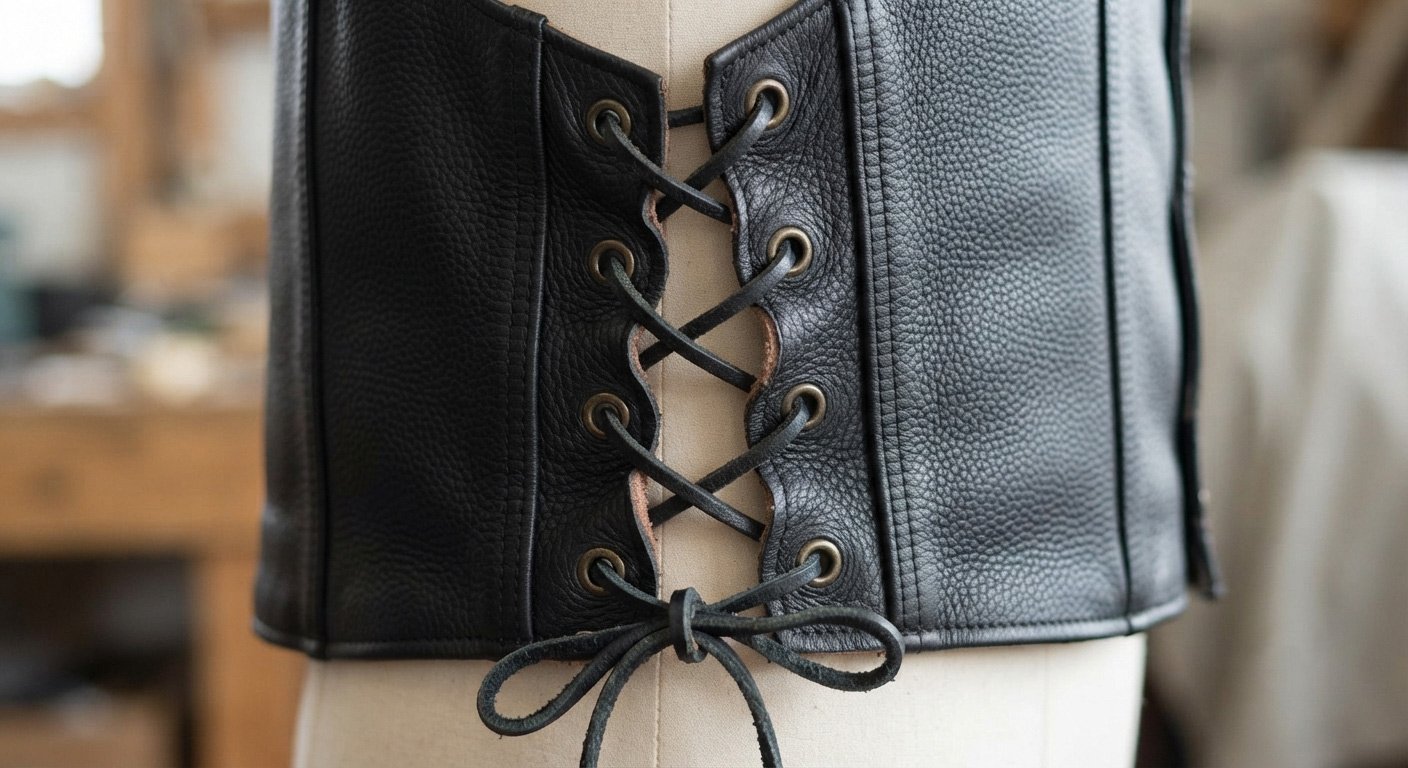 Close-up of side lacing on a leather vest — visible eyelets and cord running up the ribcage seam, partially loosened to show the adjustment mechanism clearly. Natural daylight, practical demonstration angle.
