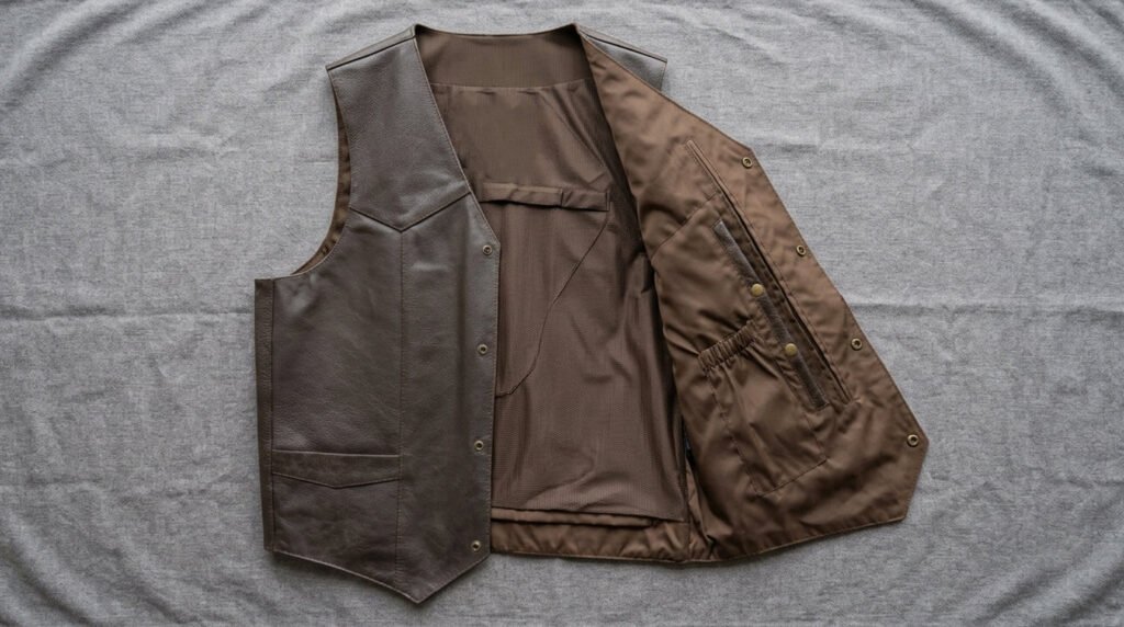 An open leather vest laid flat showing an interior holster-style pocket positioned at mid-chest on the left panel, reinforced stitching visible around the pocket edge. Studio lighting, neutral dark background, no firearm shown — focus entirely on the pocket construction.