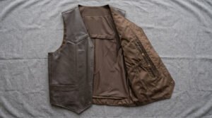 An open leather vest laid flat showing an interior holster-style pocket positioned at mid-chest on the left panel, reinforced stitching visible around the pocket edge. Studio lighting, neutral dark background, no firearm shown — focus entirely on the pocket construction.