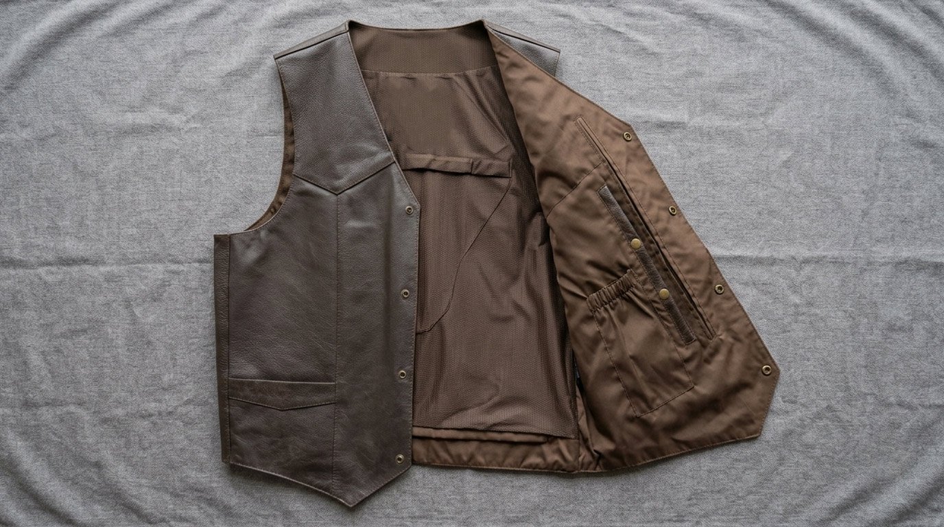 An open leather vest laid flat showing an interior holster-style pocket positioned at mid-chest on the left panel, reinforced stitching visible around the pocket edge. Studio lighting, neutral dark background, no firearm shown — focus entirely on the pocket construction.