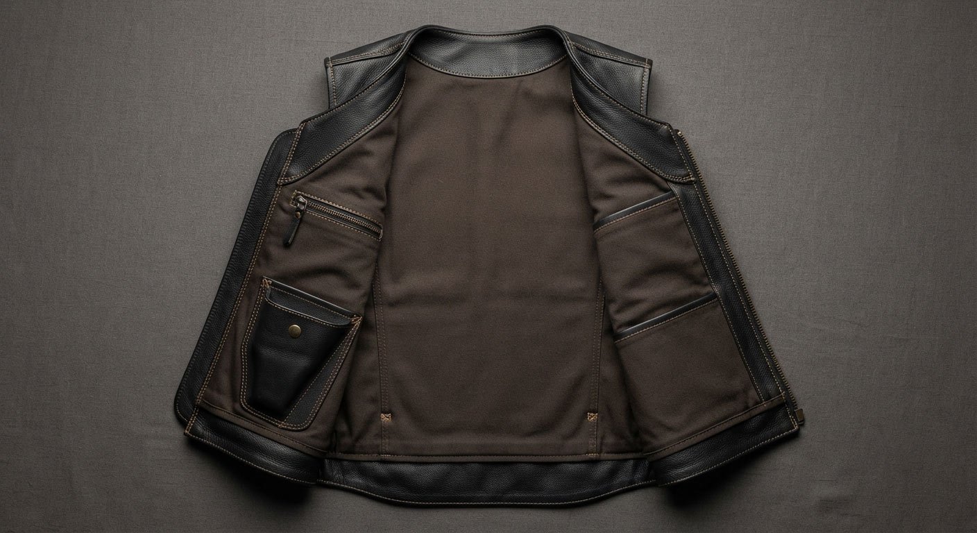 Open leather vest laid flat showing interior pocket construction — visible stitching, a zippered interior pocket, a snap-closure holster-style pocket. Studio lighting on a neutral dark background.
