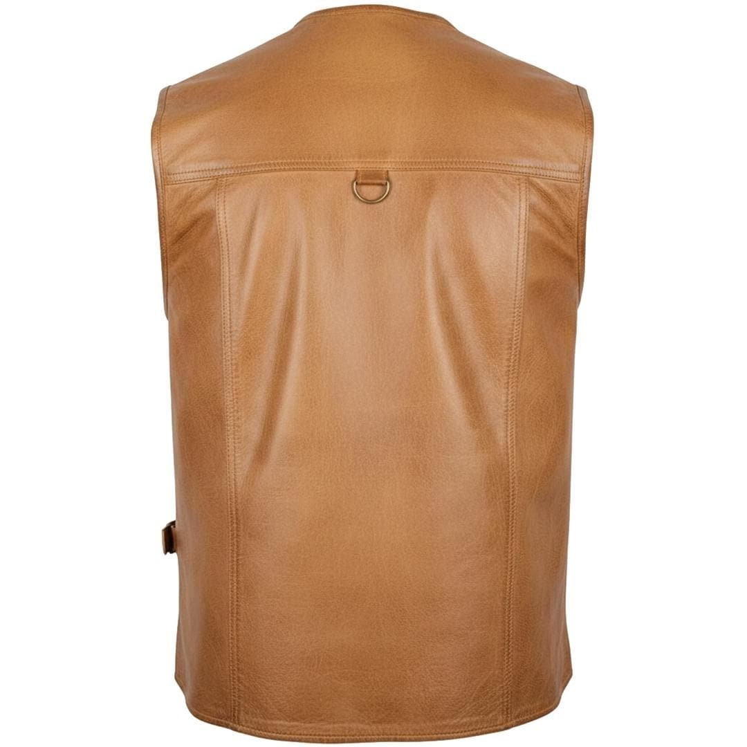 custom brown utility leather vest backside custom brown utility leather vest backside