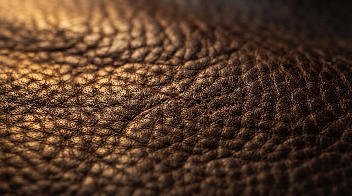 Extreme close-up macro shot of full-grain cowhide texture showing natural grain pattern and slight character marks. Warm side lighting to bring out depth and pore detail.