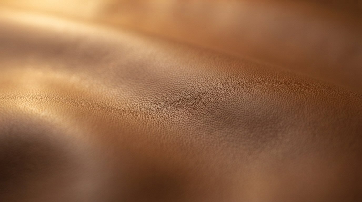 Extreme close-up macro shot of lambskin leather showing its smooth, fine, buttery-soft grain. Same lighting setup for consistency across the three texture shots.