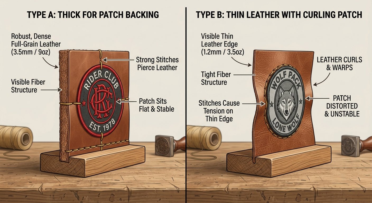 Side-by-side cross-section or thickness comparison of two leather panels — one appropriately thick for patch backing, one visibly thinner and curling at a stitched patch edge. Educational diagram style, clean background.