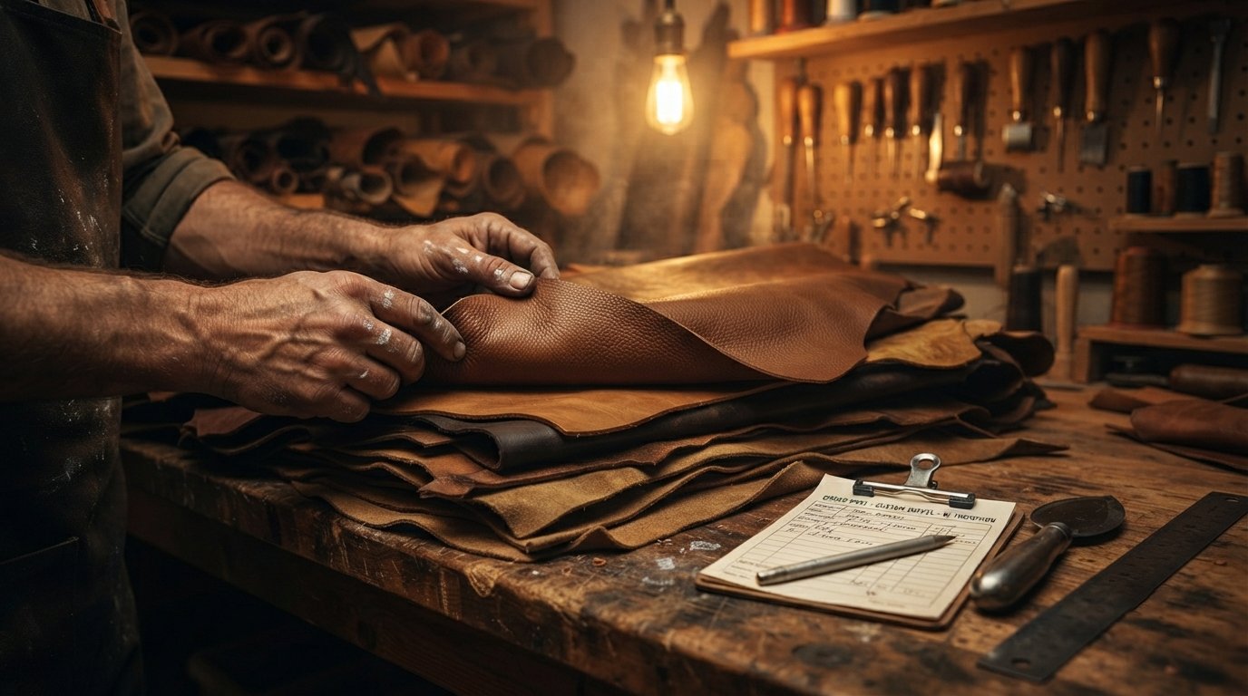 Craftsman's hands selecting a leather hide from a stack of different types in the workshop, preparing to cut it for an order — ties to the made-to-order brand story. Warm, authentic workshop lighting.