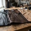 Three leather vest panels laid flat side by side on a workbench — black cowhide, dark brown buffalo, and tan lambskin — angled to show grain and texture differences under natural light. Wide landscape shot for top of article.