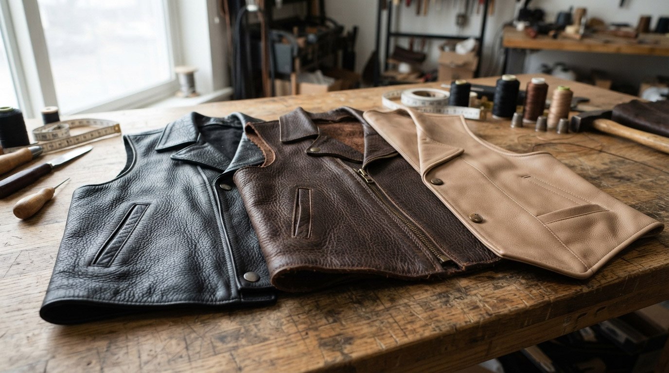 Three leather vest panels laid flat side by side on a workbench — black cowhide, dark brown buffalo, and tan lambskin — angled to show grain and texture differences under natural light. Wide landscape shot for top of article.