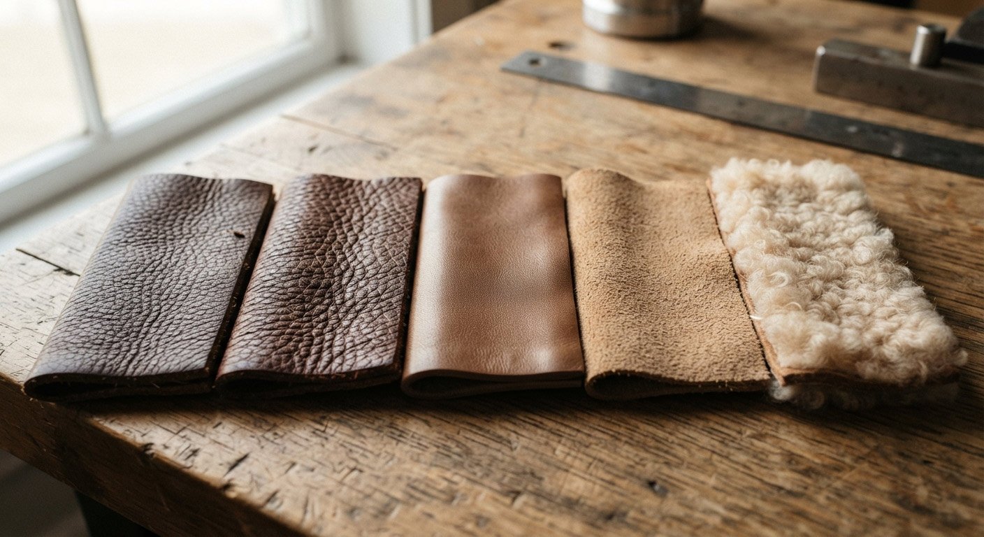 Close-up macro photography of 4–5 leather swatches in a row showing grain texture differences — full-grain cowhide, buffalo, lambskin, suede, shearling. Natural side lighting to emphasize texture contrast.