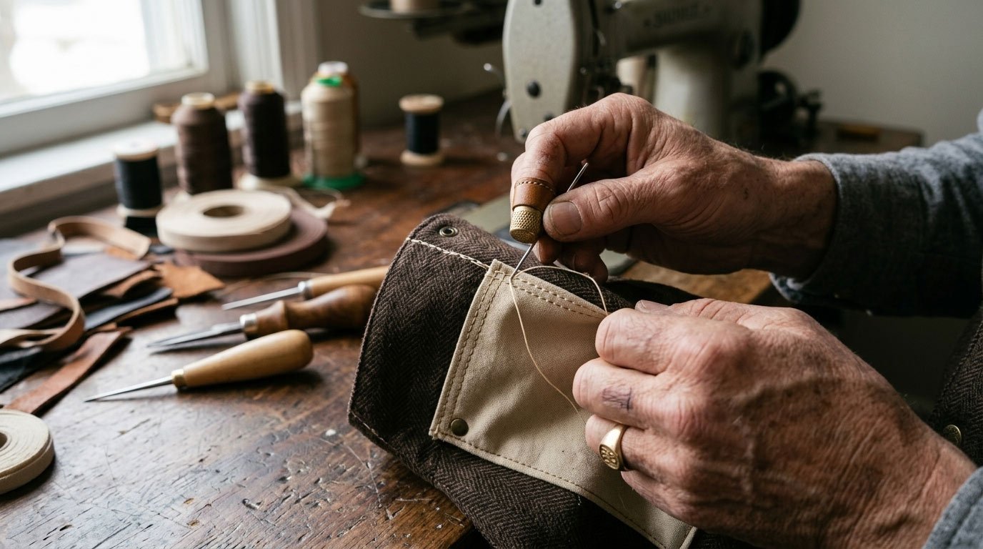 Craftsman's hands reinforcing the backing panel of an interior vest pocket during construction, workshop setting, close focus on the stitching work in progress.
