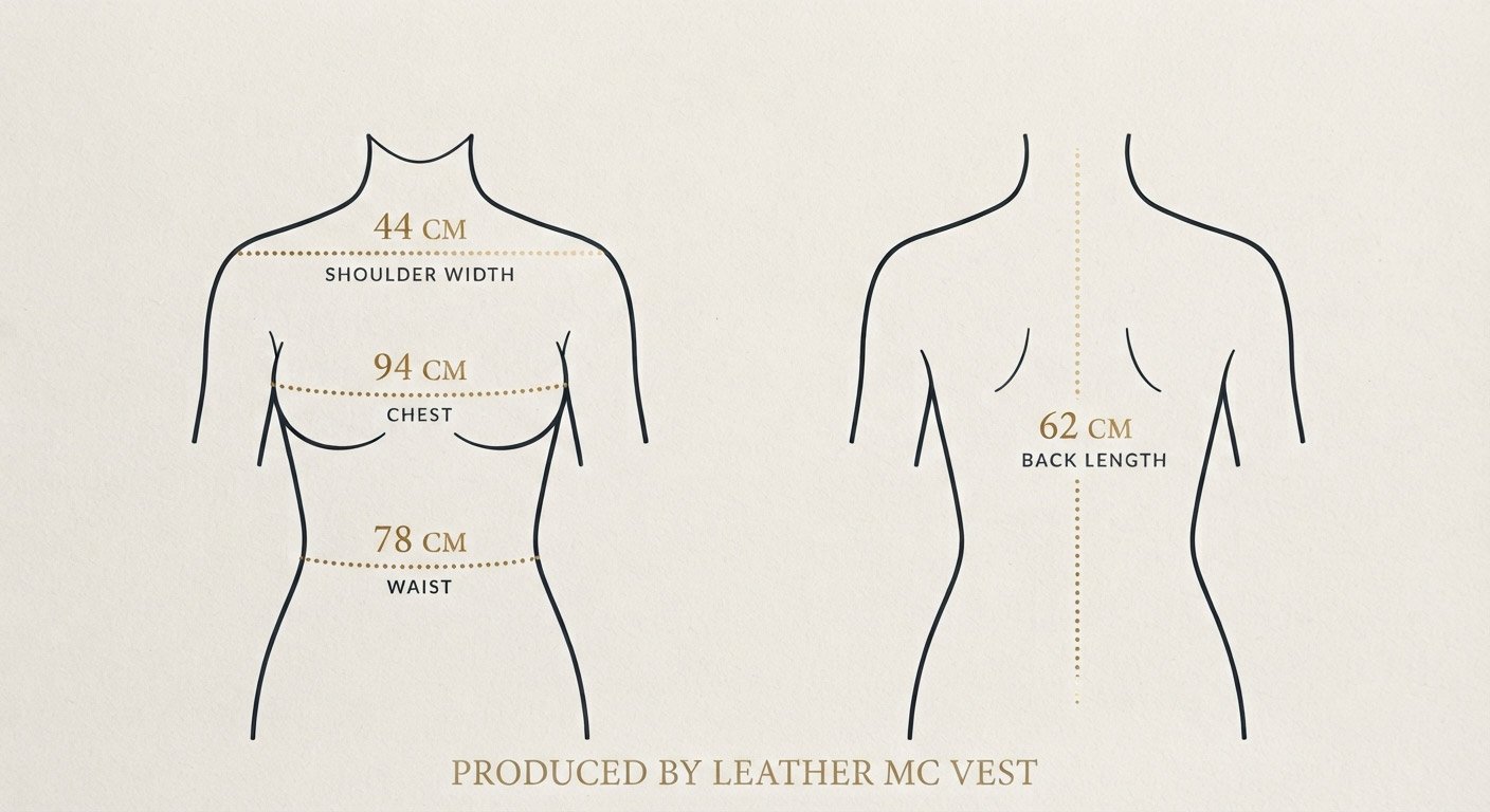 Simple flat-lay line-art diagram of a torso (front and back view) with four measurement points labeled: chest, waist, back length, shoulder width. Dotted lines showing tape-measure path. Clean, minimal style with gold/dark brand accents.
