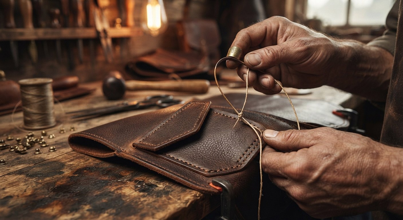 Craftsman's hands stitching a pocket edge on a leather vest panel, close-up detail shot showing thread and needle mid-stitch. Warm workshop lighting, ties to handmade construction.