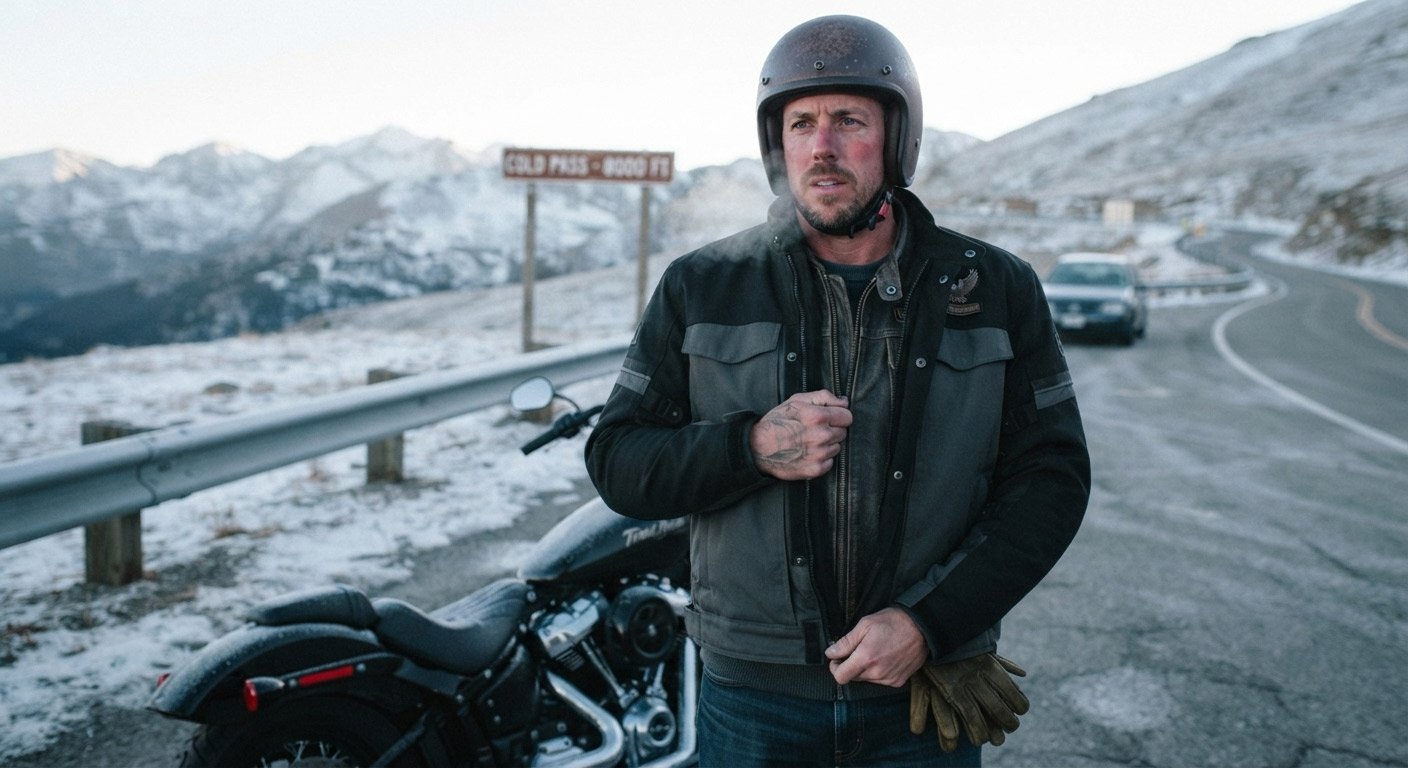 Leather vest worn as a mid-layer underneath a riding jacket, base layer visible at the collar, demonstrating cold-weather layering order.