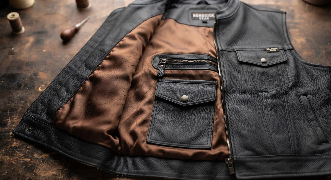 Close-up of an open leather vest front panel showing a clean interior pocket layout — one zippered pocket, one snap-close utility pocket. Warm interior lining visible (satin or mesh).
