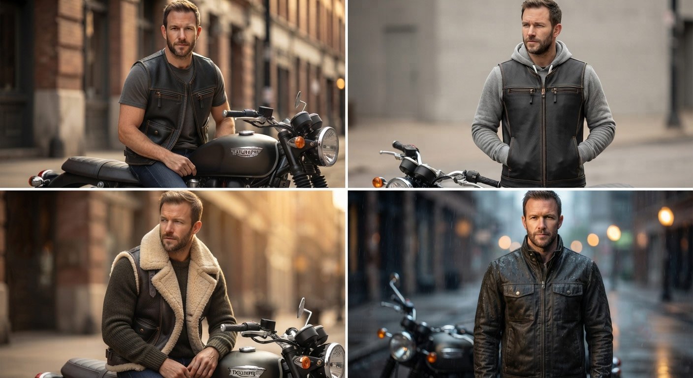 2x2 grid composite: same rider/vest style shown across summer (vest alone over a t-shirt), fall (vest over a light hoodie), winter (shearling vest with visible fleece collar), and rain-gear layering. Consistent lighting across all four for cohesion.