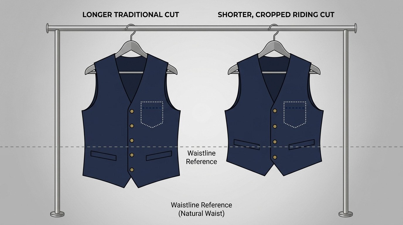 Two vest silhouettes side by side on a rack or mannequin — a longer traditional cut versus a shorter, cropped riding cut — with a dotted line indicating where an interior pocket sits relative to the waistline on each. Simple comparison graphic style.