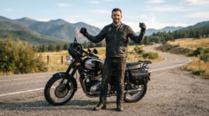 A rider standing beside a motorcycle wearing a well-fitted black full-grain leather MC vest, front zipped, arms slightly raised showing full mobility. Warm, natural daylight, garage or open-road backdrop. Landscape orientation.