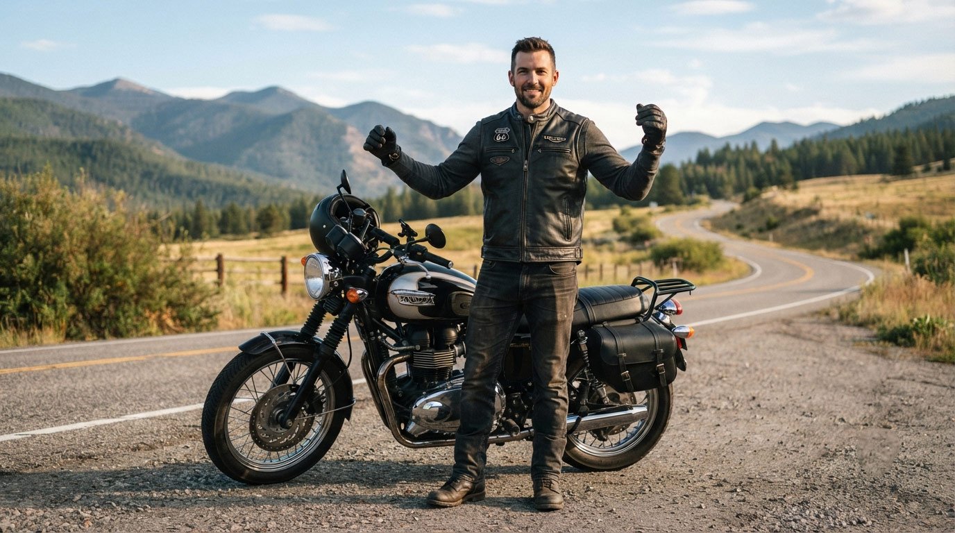 A rider standing beside a motorcycle wearing a well-fitted black full-grain leather MC vest, front zipped, arms slightly raised showing full mobility. Warm, natural daylight, garage or open-road backdrop. Landscape orientation.