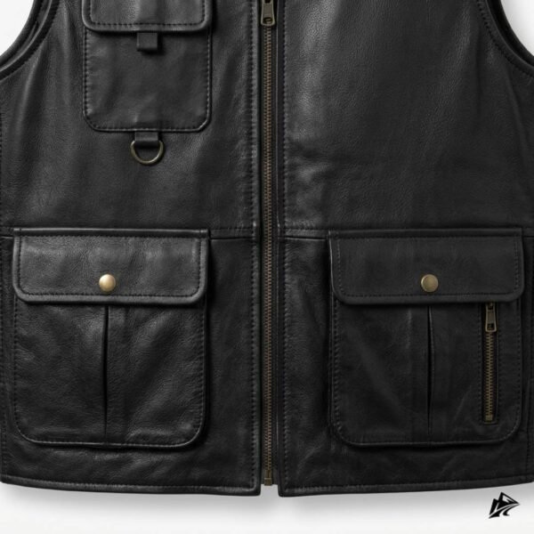 Men's Vintage Black Leather Cargo Vest with Pockets, the leather