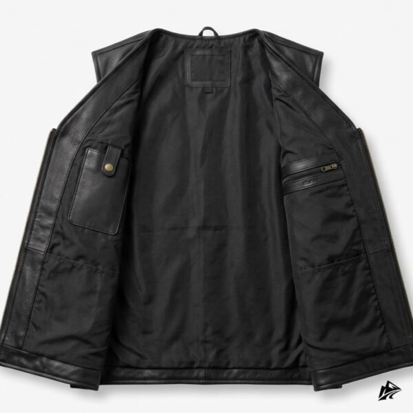 Men's Vintage Black Leather Cargo Vest with Pockets, closure