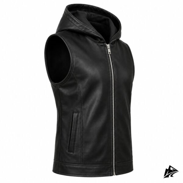 Men's Black Leather Hooded Biker Vest, Zip Front, closure