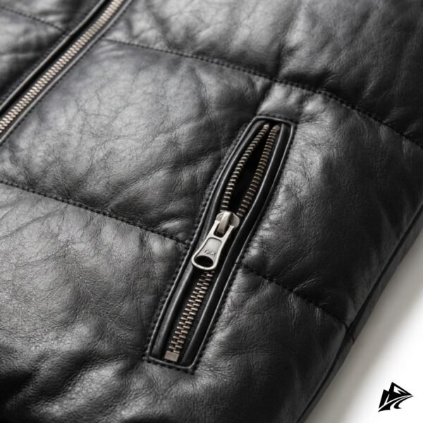 Men's Black Leather Puffer Vest with Sherpa Hood, closure