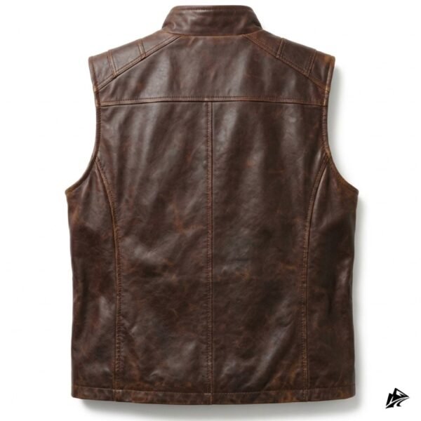 Men's Distressed Brown Leather Utility Cargo Vest, collar