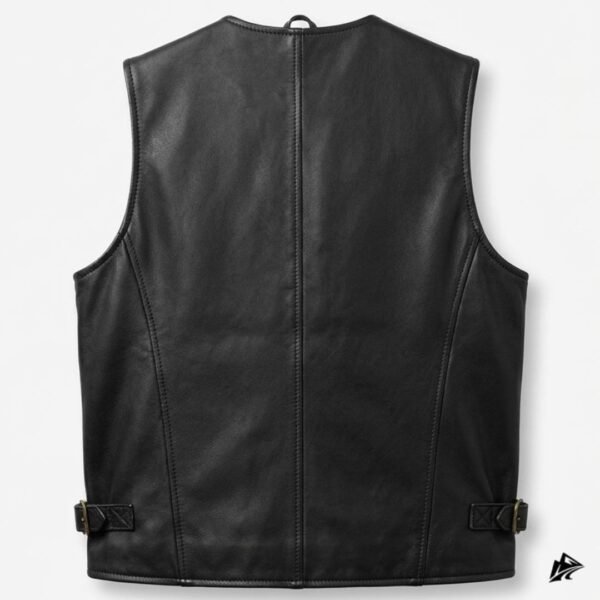 Men's Vintage Black Leather Cargo Vest with Pockets, collar