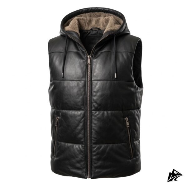 Men's Black Leather Puffer Vest with Sherpa Hood, the leather