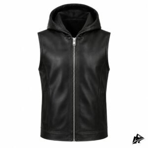 Men's Black Leather Hooded Biker Vest, Zip Front