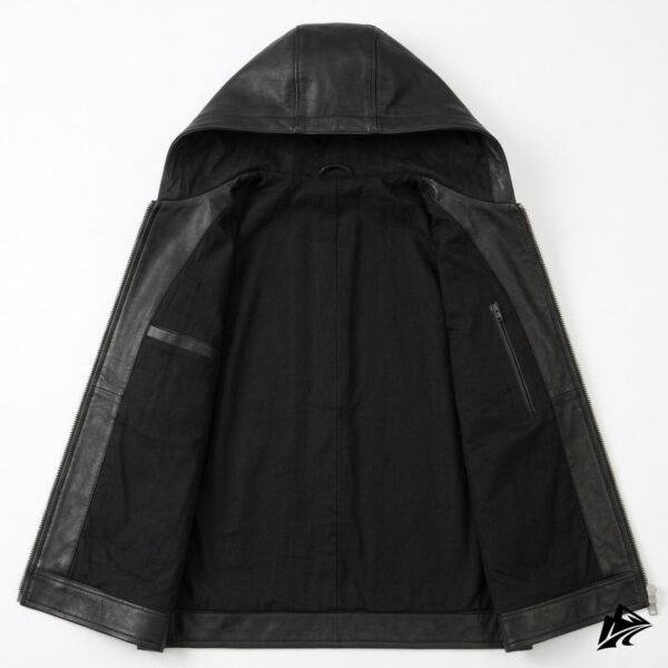 Men's Black Leather Hooded Biker Vest, Zip Front, the leather