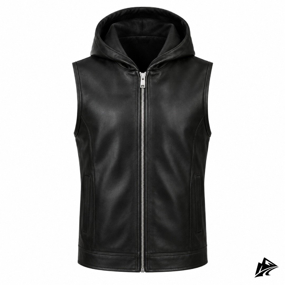 Men's black leather hooded biker vest with a two-way front zip, front view