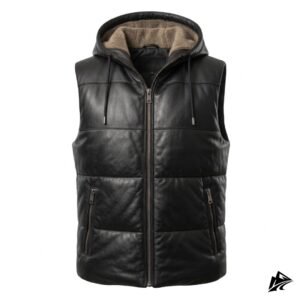 Men's Black Leather Puffer Vest with Sherpa Hood
