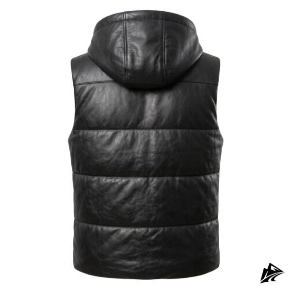Men's Black Leather Puffer Vest with Sherpa Hood, collar