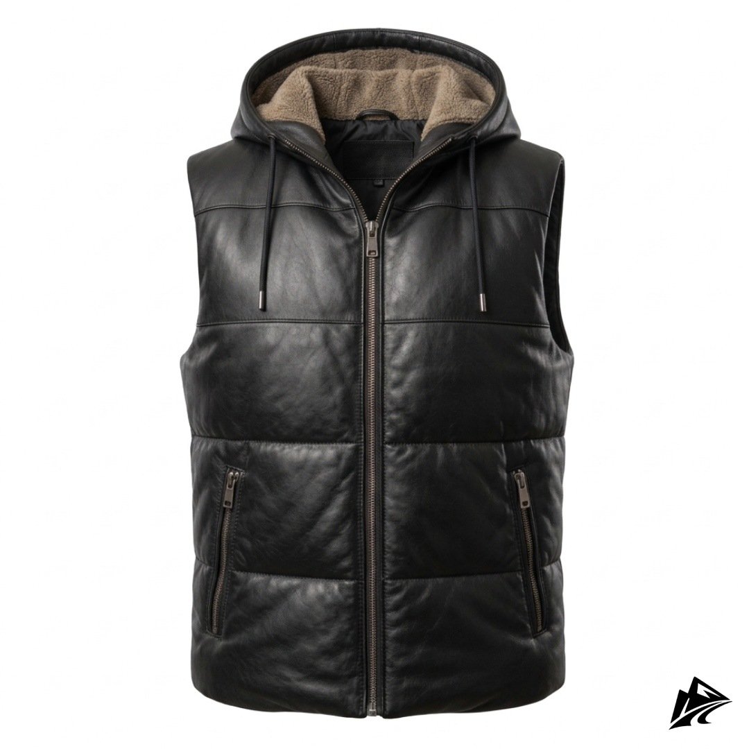 Men's black leather puffer vest with a sherpa-lined hood, front view with the YKK zip closed
