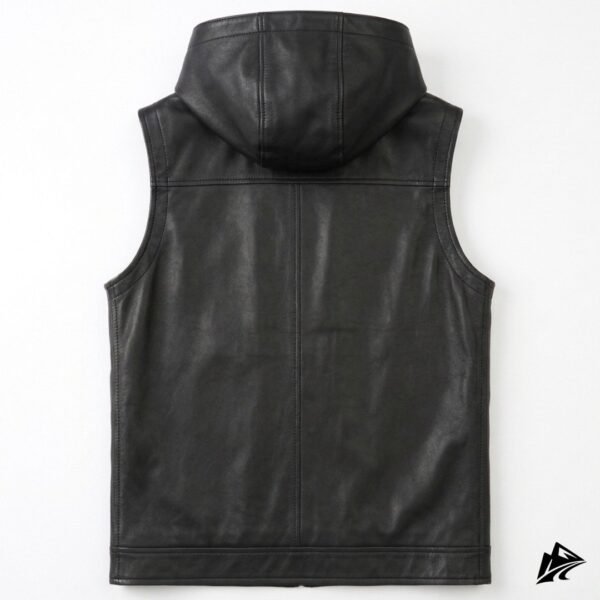 Men's Black Leather Hooded Biker Vest, Zip Front, collar