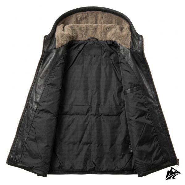 Men's Black Leather Puffer Vest with Sherpa Hood, pockets