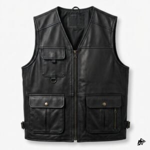 Men's Vintage Black Leather Cargo Vest with Pockets