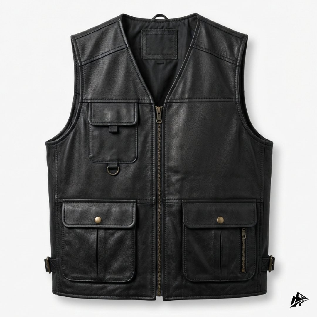Men's vintage black leather cargo vest, front view with brass zip, chest flap pocket and two cargo pockets