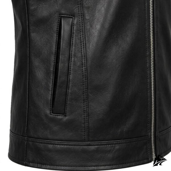 Men's Black Leather Hooded Biker Vest, Zip Front, pockets